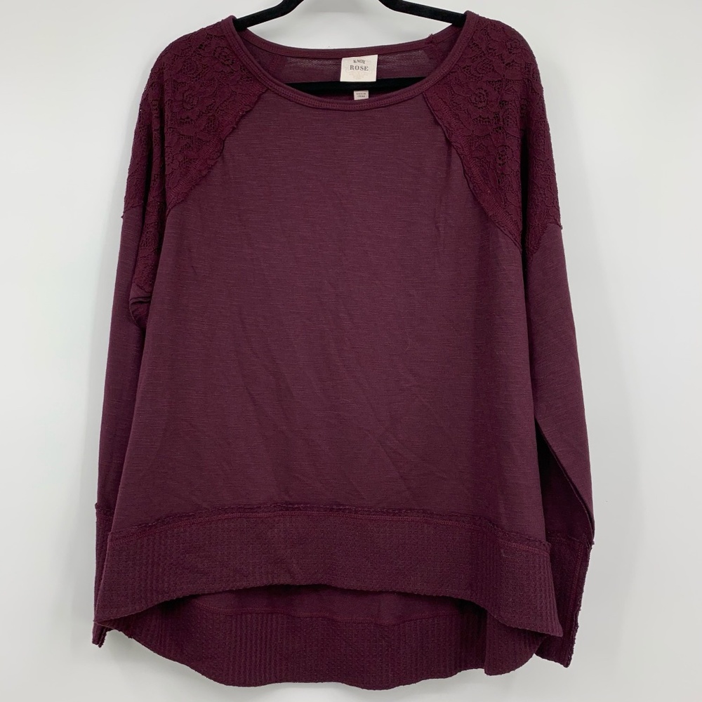 Knox Rose Womens XS High Low Tunic Sweatshirt Waffle‎ Knit Trim  Floral Lace NEW